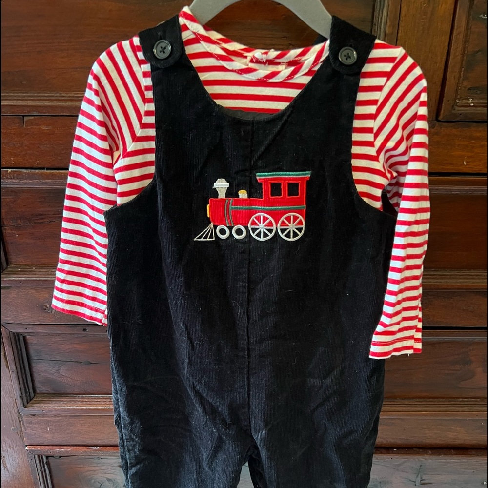 Black corduroy Longall jumper with striped long sleeve shirt. 24mo.
